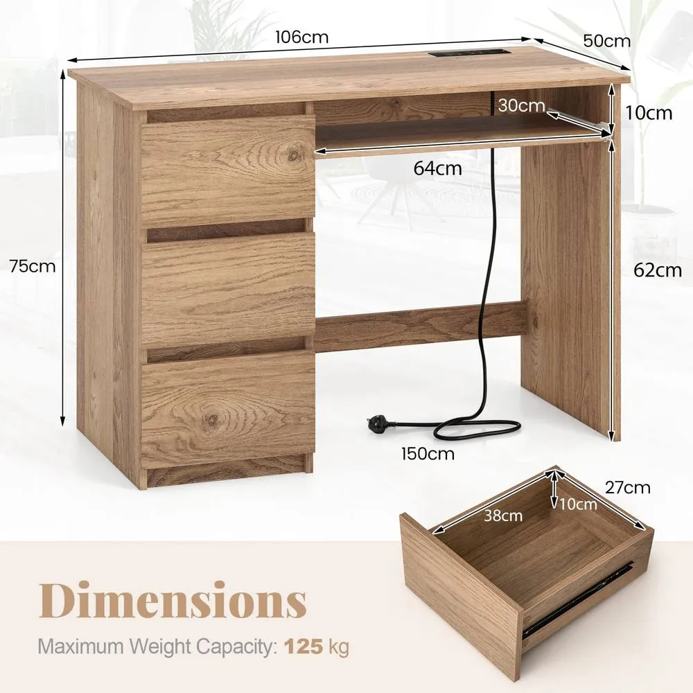 Costway Computer Desk Modern Office Desk w/Power Outlet & Keyboard Tray in Natural 2