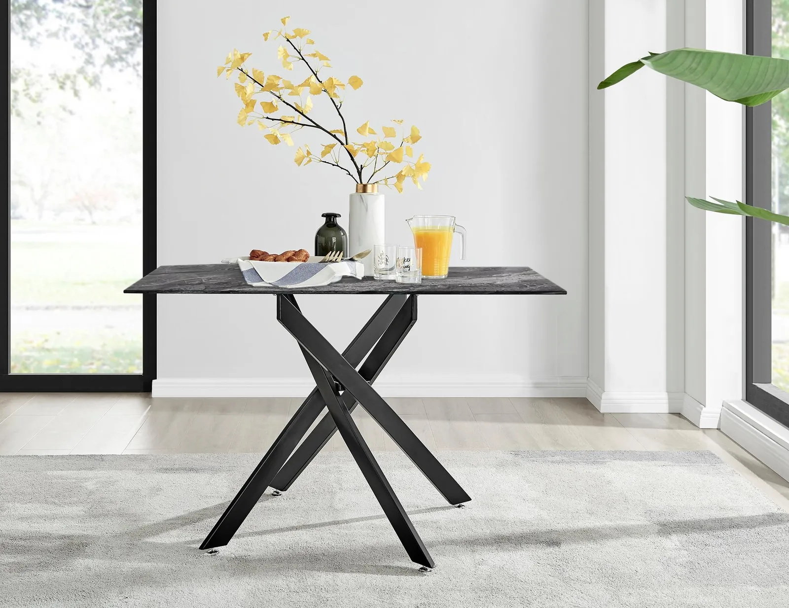 FurnitureboxUK Leonardo Grey Glass Marble Effect Black Leg Table & 4 Velvet Milan Black Leg Chairs in Navy 3
