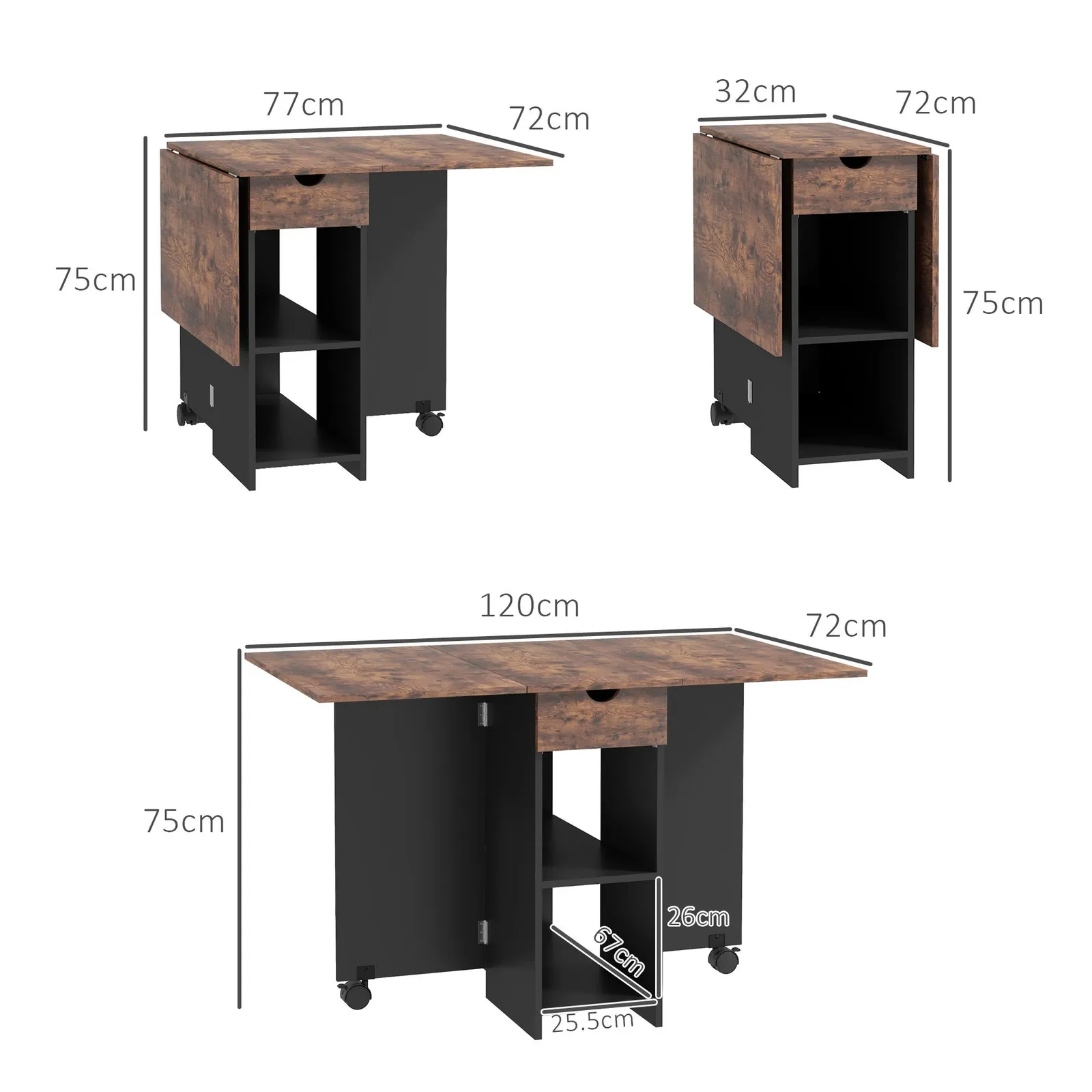 HOMCOM Foldable Dining Table, Drop Leaf Table with Storage for Kitchen in Brown 3