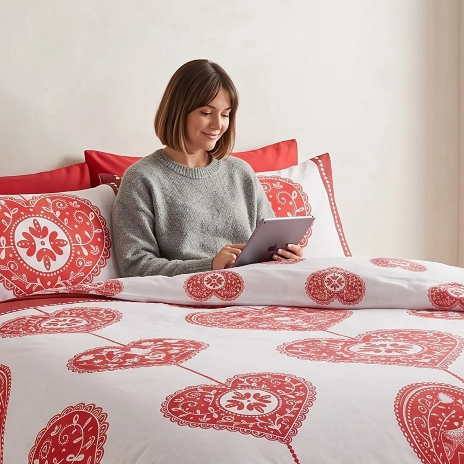 Rapport Home Scandi Heart Pure Cotton Duvet Cover Set with Pillowcase in Red 5