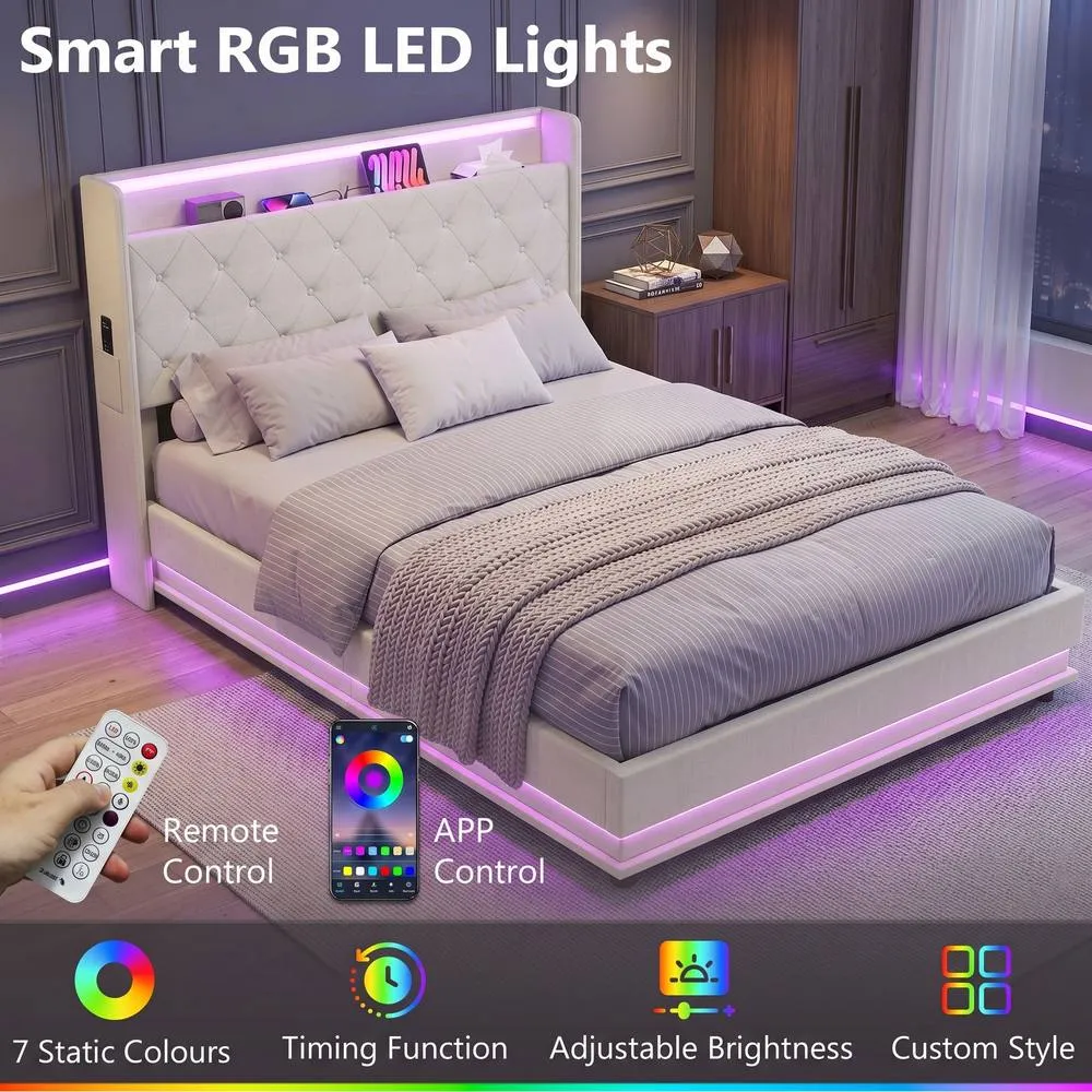 HOMCOM Lift up Storage Bed Frame with RGB LED Lights, 135 x 190cm, Cream 5