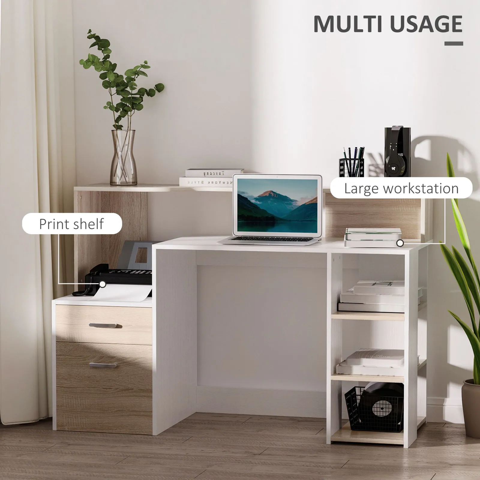 HOMCOM Multi-Storage & Workstation Desk Table Storage Shelves Home Office in Brown 4