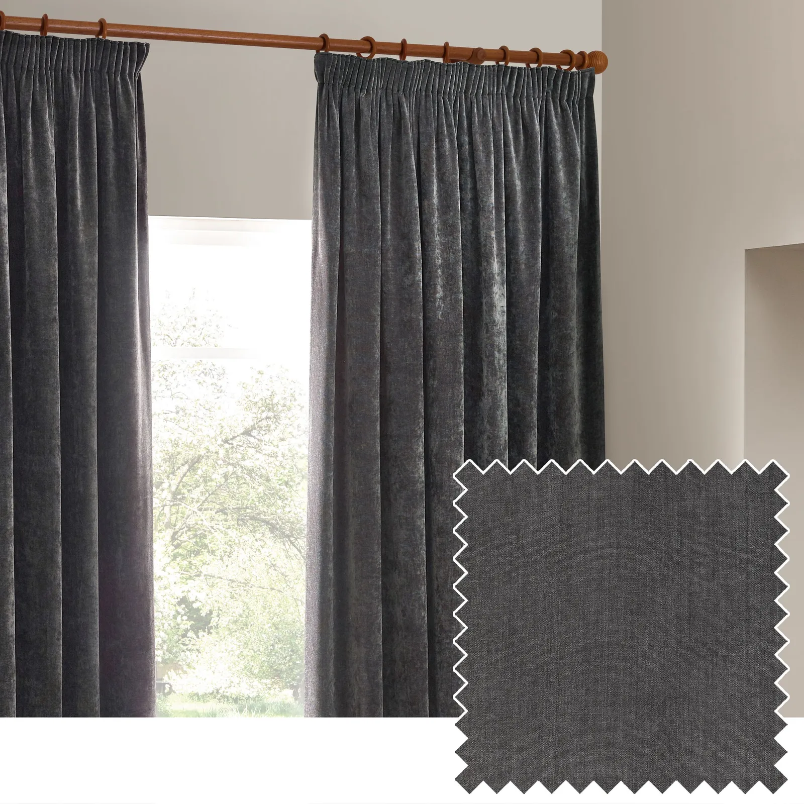 Yard Heavy Chenille Velvet Room Darkening Pencil Pleat Curtain Pair in Charcoal 1