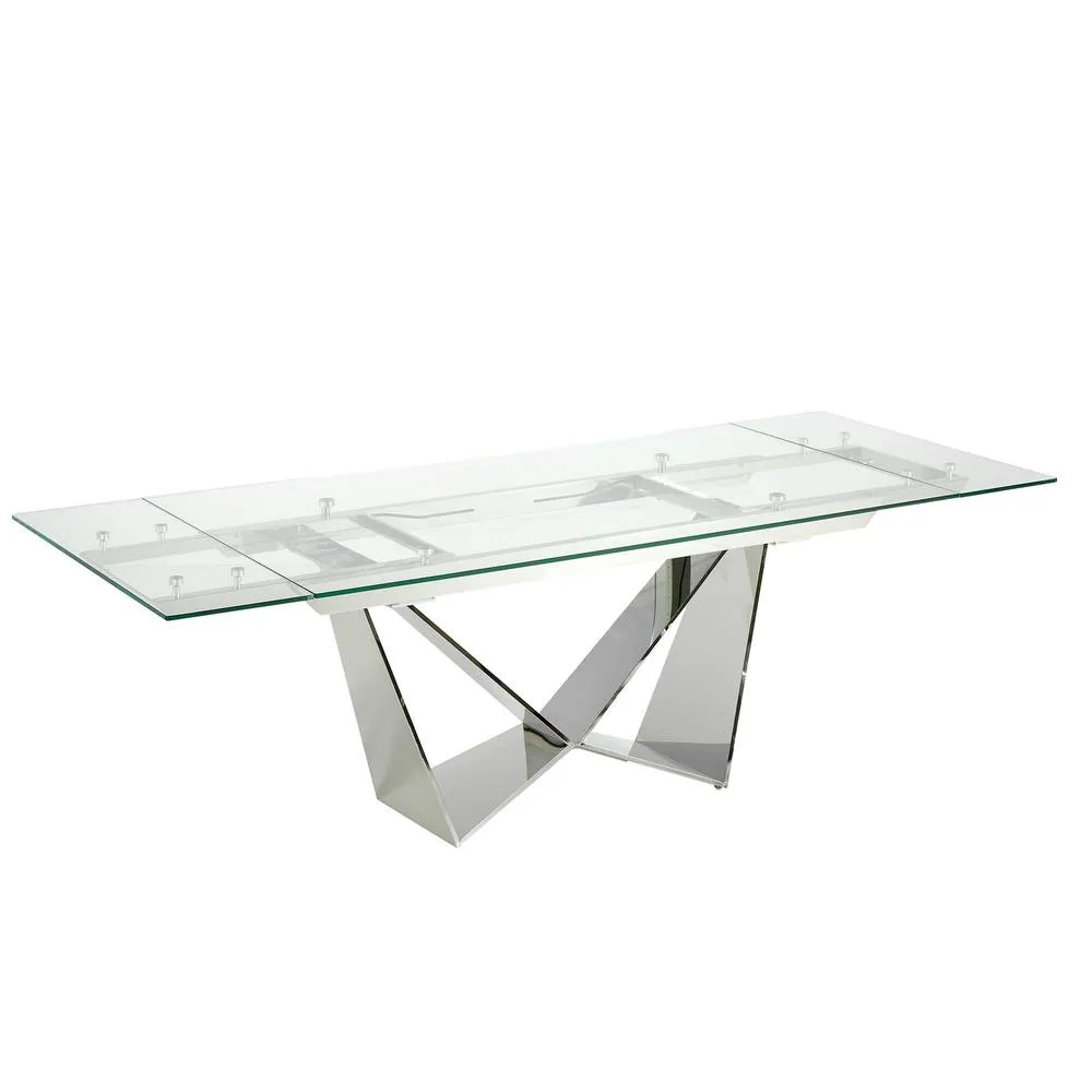 Angel Cerda Rectangular Extendable Dining Table, Tempered Glass, Chrome Legs in Silver