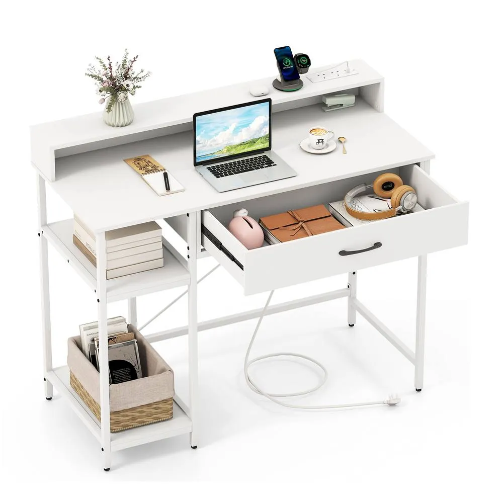 Costway Wooden Computer Desk Office Writing Desk Workstation w/ Power Outlets in White 3