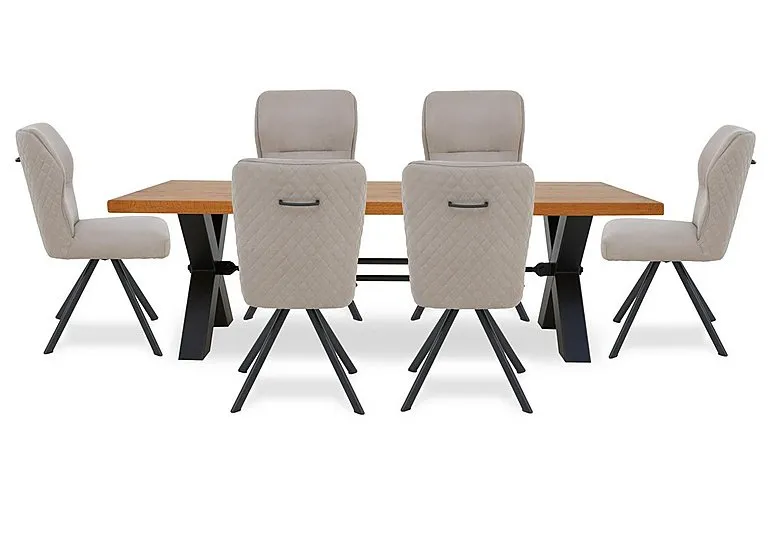 Terra Straight Edge Dining Table with Tension Bolt X-Leg and 6 Taupe Fabric Swivel Chairs - 220-cm