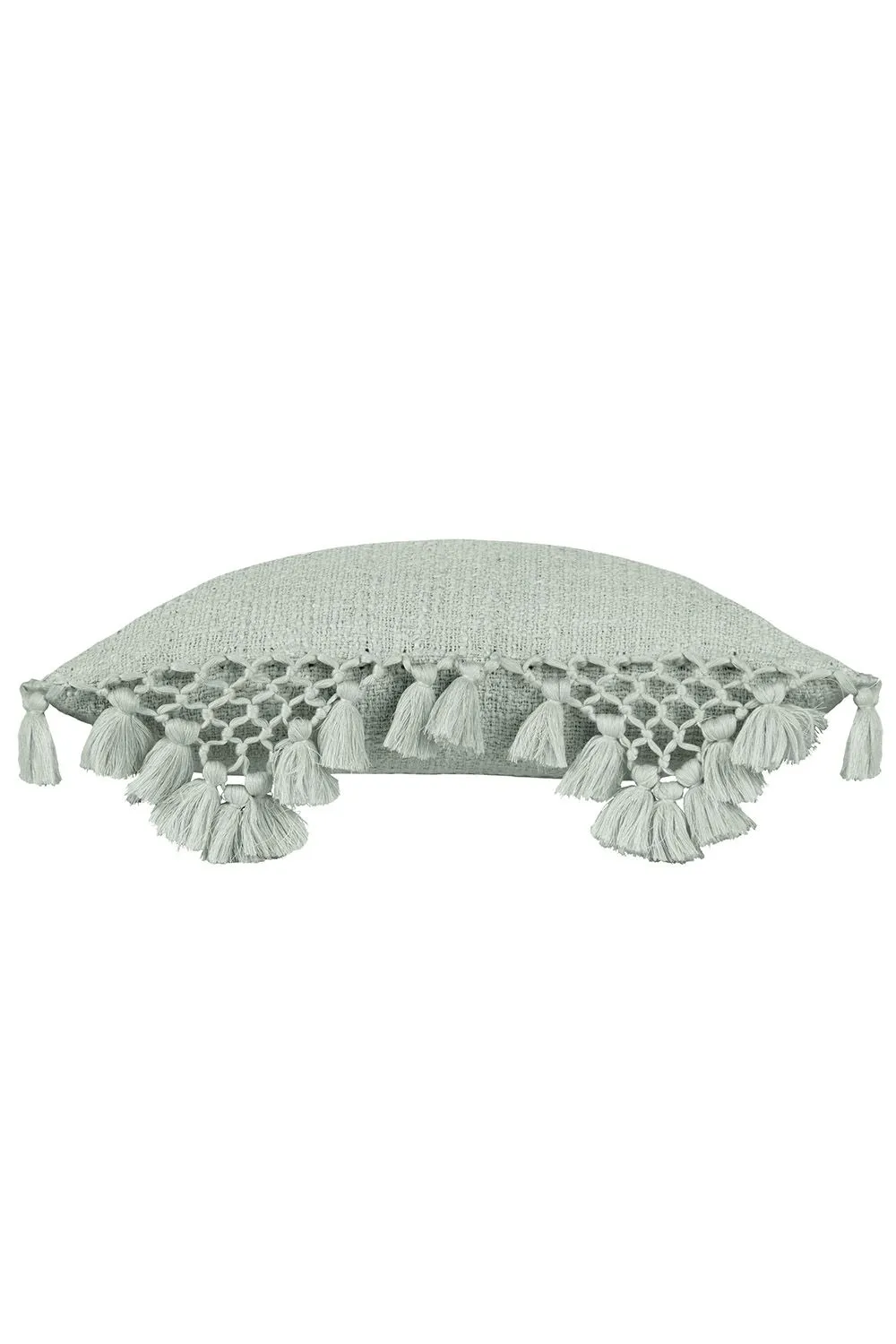 Yard Anko Slub Cotton Macrame Tassel Trimmed Cushion in Light Green 2