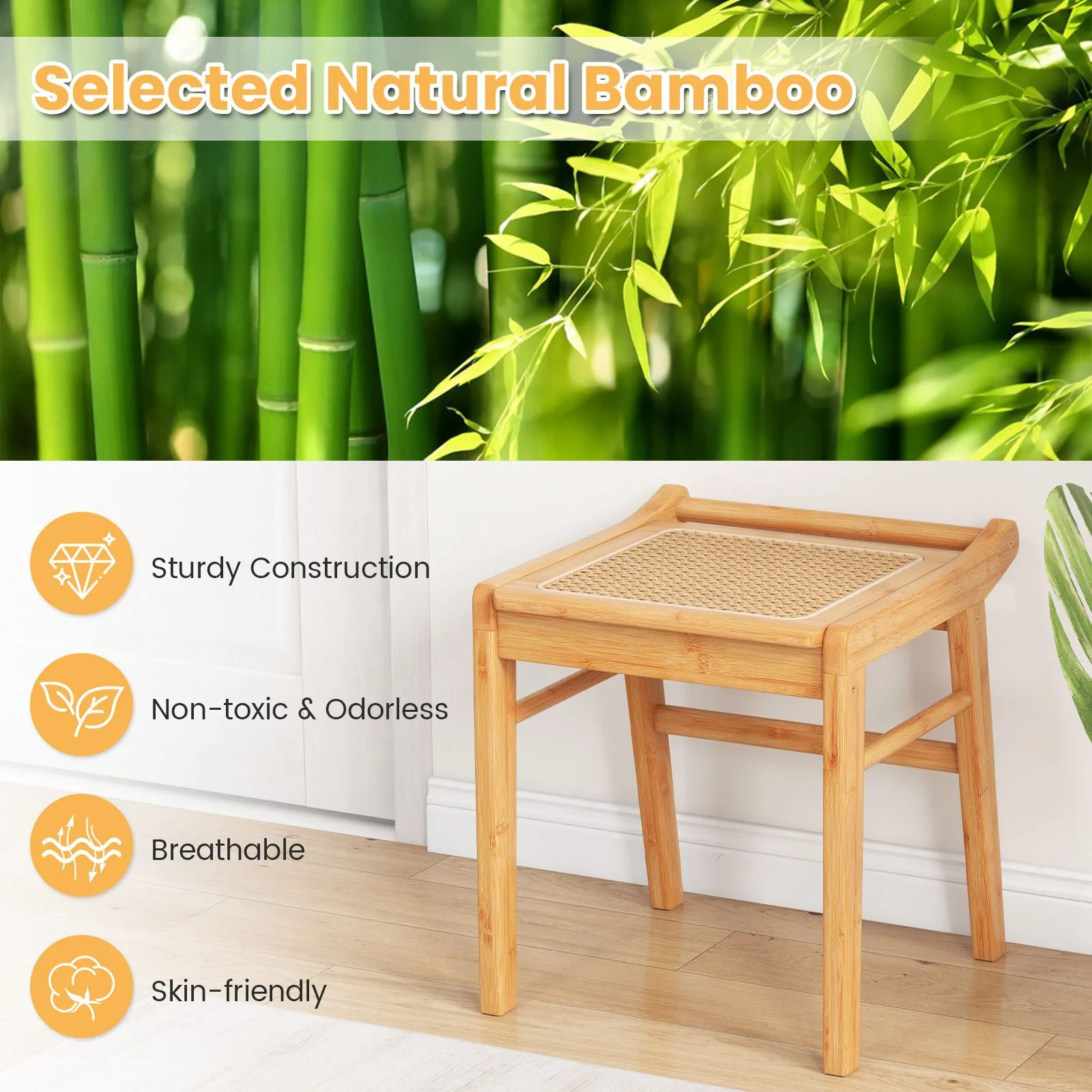 Costway Bamboo Vanity Stool Living Room Makeup Dressing Rattan Top Ottoman Footrest in Natural 4