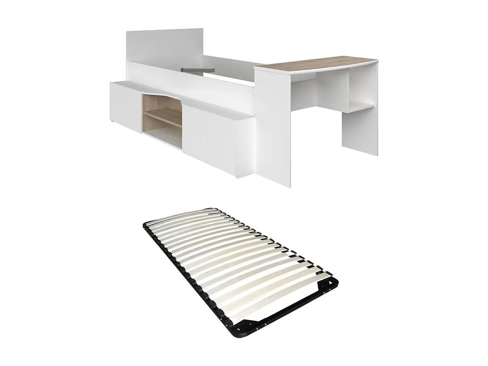 Vente-unique Combined Bed 90 X 190/200 Cm With Desk & Storage - White & Natural in Light Oak