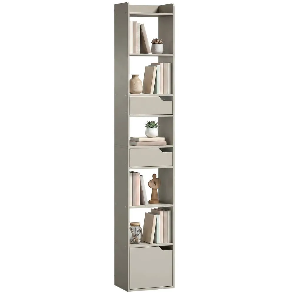 HOMCOM Bookcase Tall Narrow with 5 Tiers Drawers Grey 2