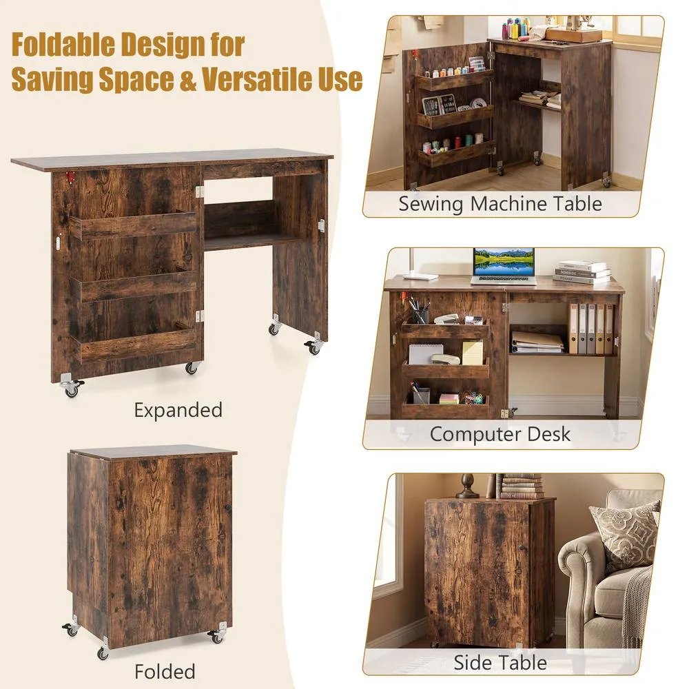 Costway Folding Sewing Table Mobile Sewing Machine Desk Rolling Craft Station in Brown 5