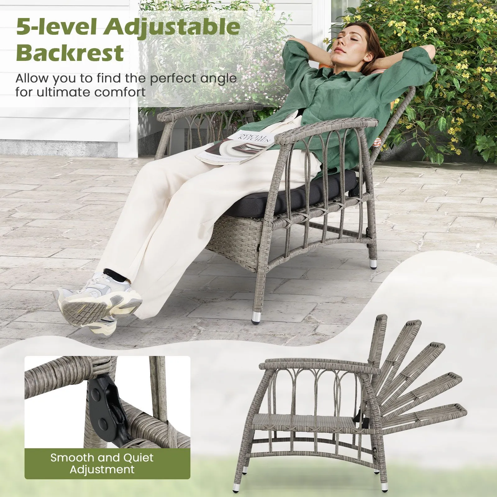 Costway 3 PCS Patio PE Wicker Furniture Set Garden Coffee Table & Armchairs in Grey 3