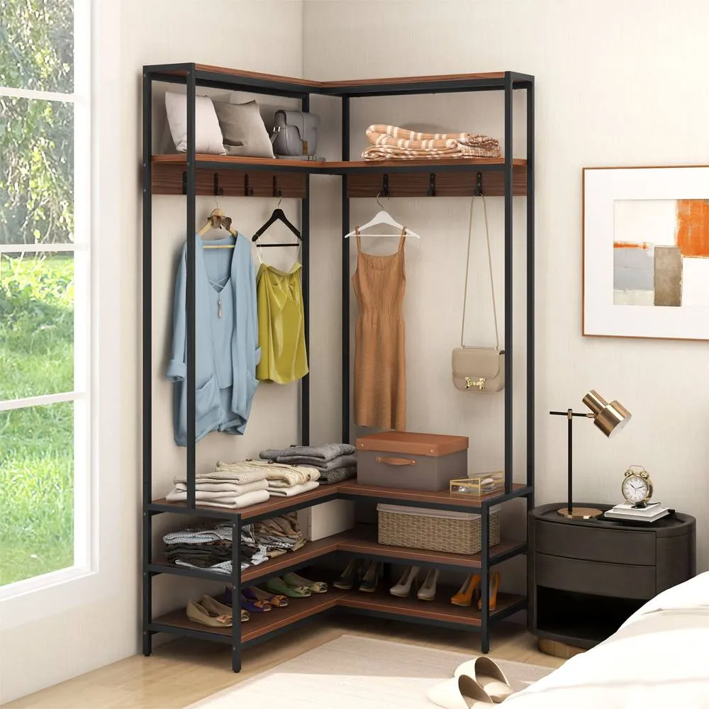Costway Corner Garment Rack L-shaped Clothes Rack w/ Open Shelves-Walnut in Brown 3
