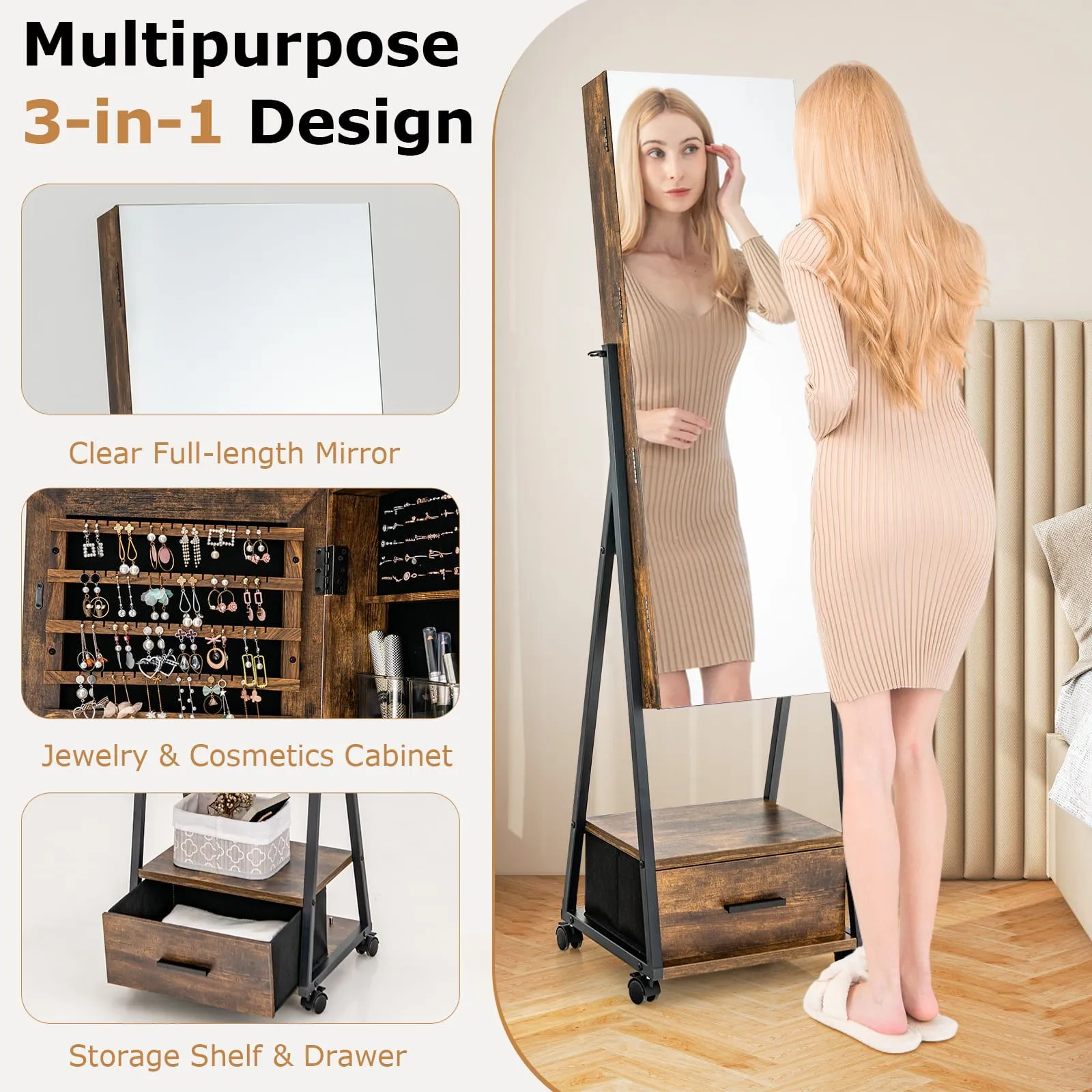 Costway Mobile Mirror Jewelry Cabinet Standing Makeup Organizer Jewelry Armoire w/ Lockable Door in Brown 6