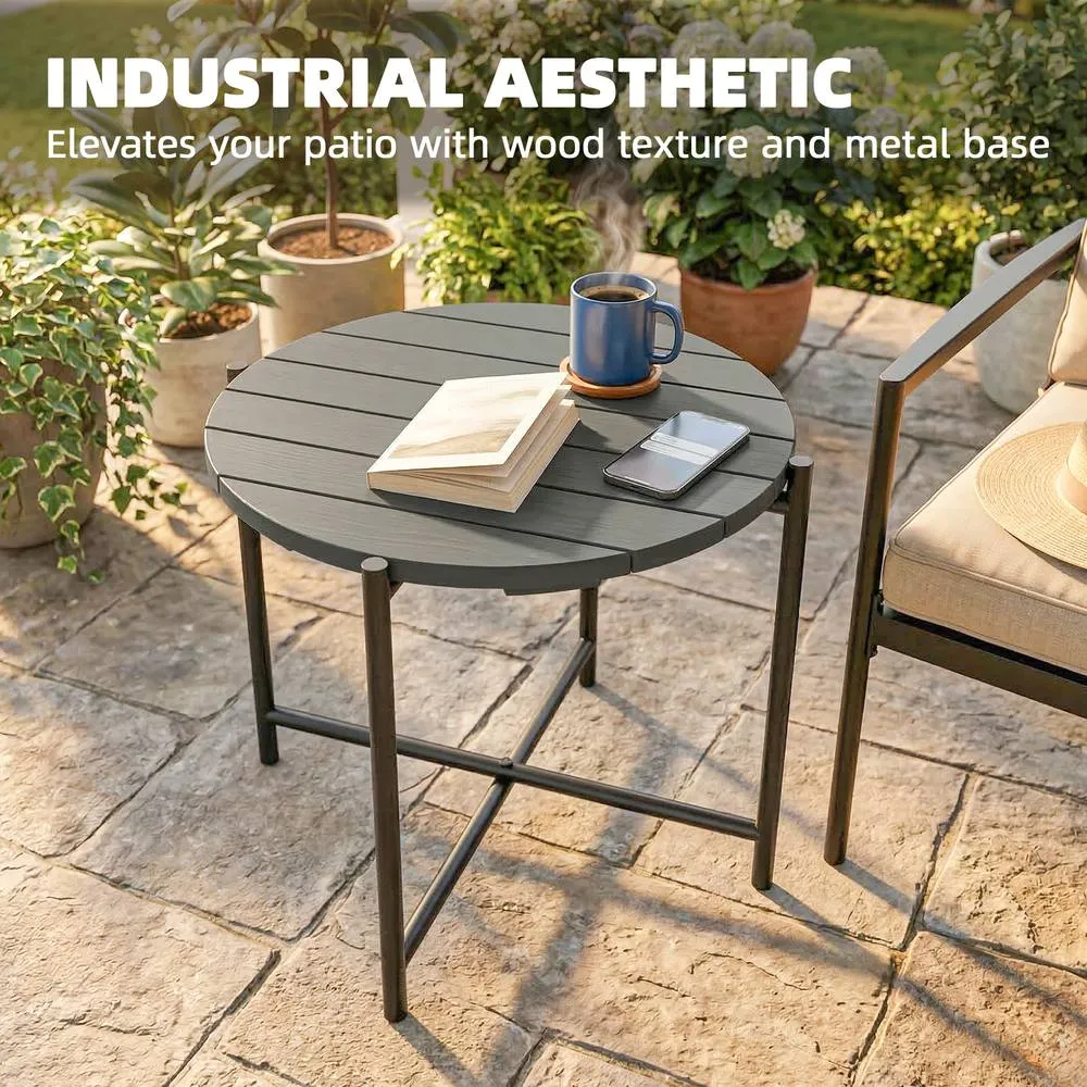 OUTSUNNY 54 cm Round Garden Table, Slatted Wood Top Outdoor Table, Dark Grey 4