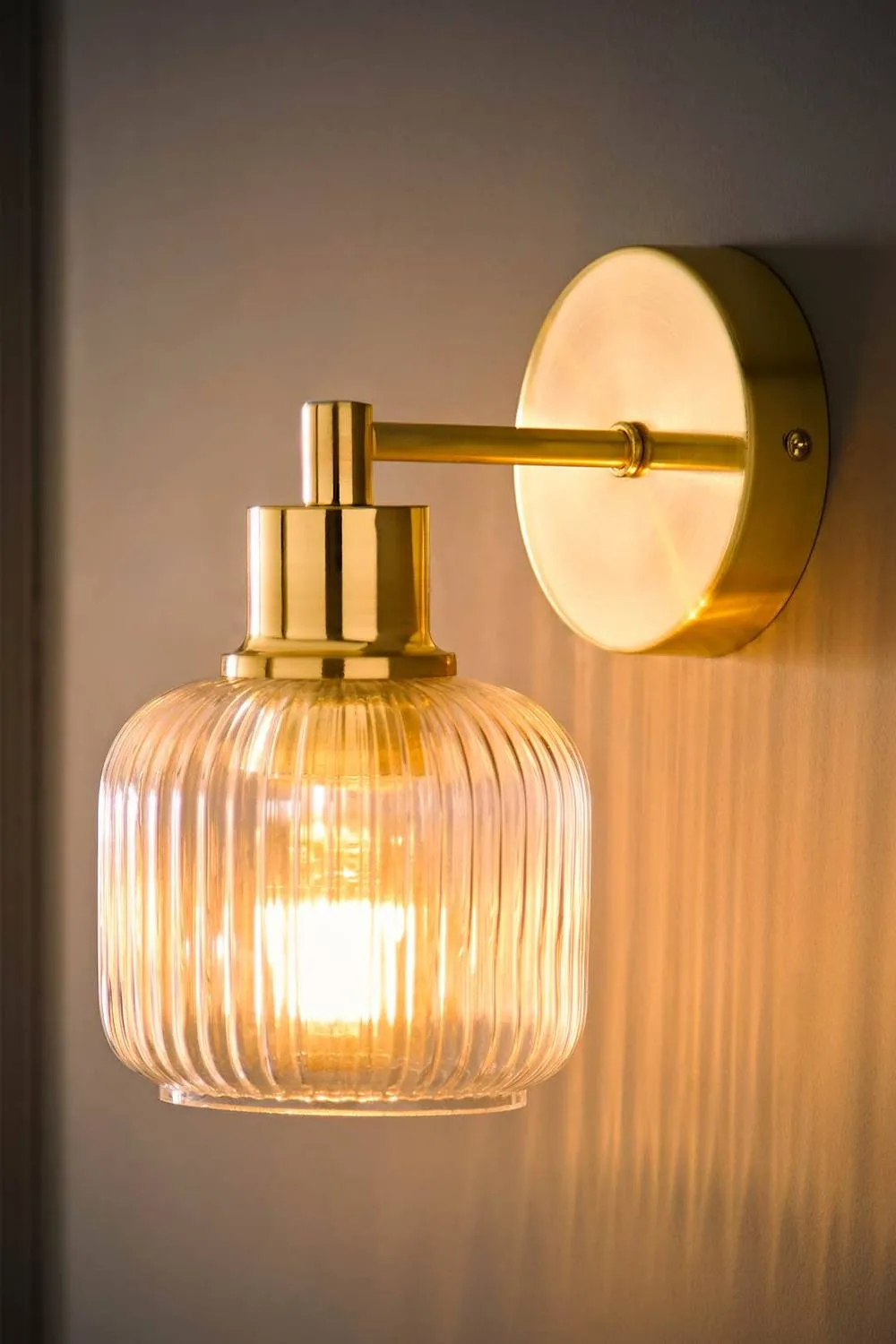 ValueLights Calpe Pair Ribbed Glass Semi Flush Metallic Arm Wall Light in Gold 2