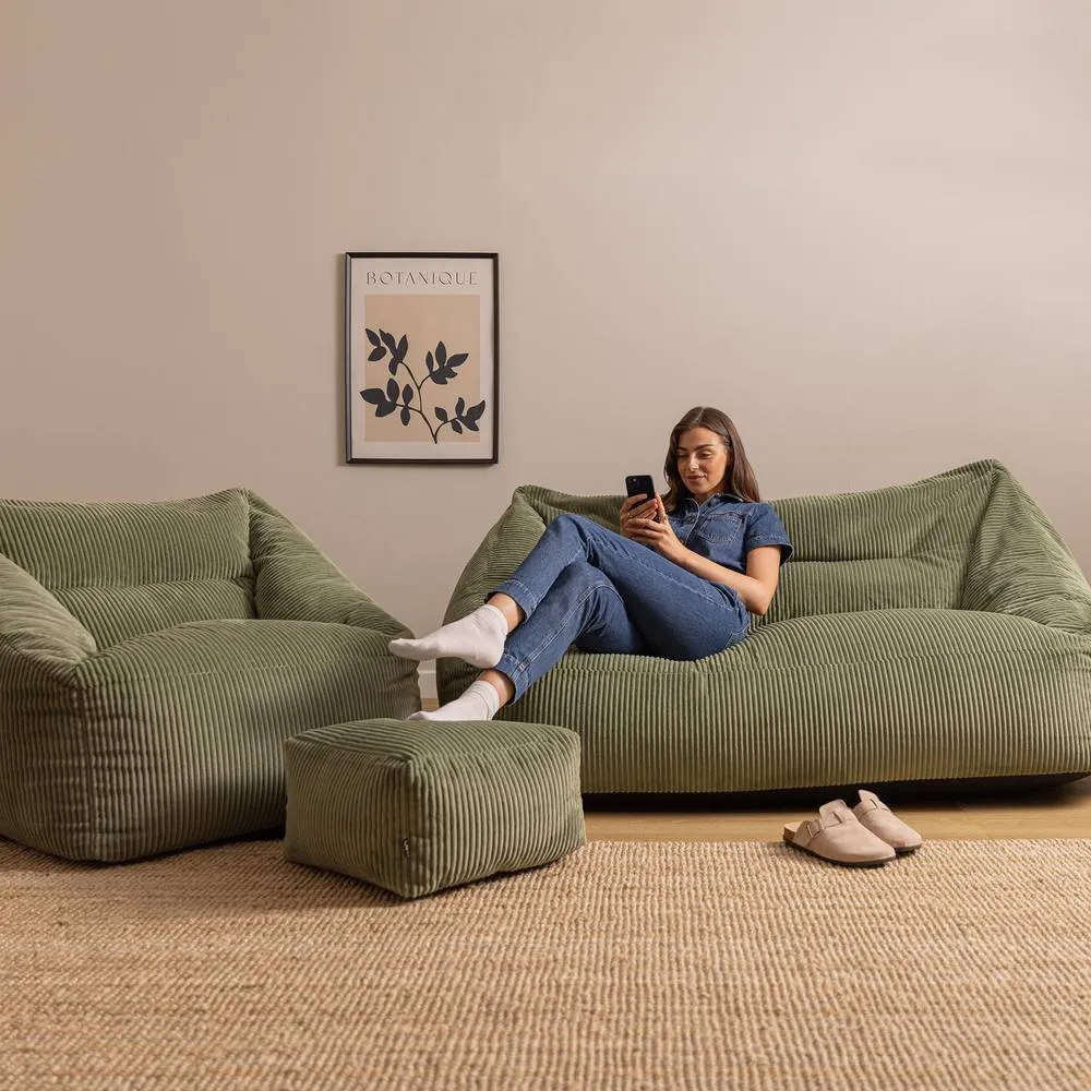 icon Bean Bag Sofa & Footstool Bundle, Jumbo Corduroy in Green