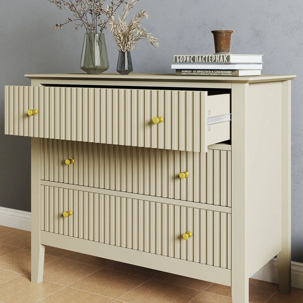 Melody Maison Wide 3 Drawer Chest Of Drawers & Pair Of Large Bedside Tables - Hales Taupe Range in Beige 2