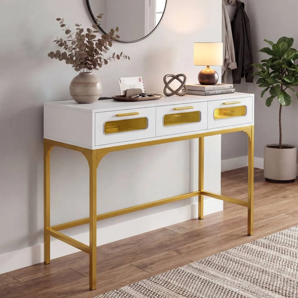 Costway Console Table w/ LED Lights & Charging Station 90cm Entryway Table in White 3