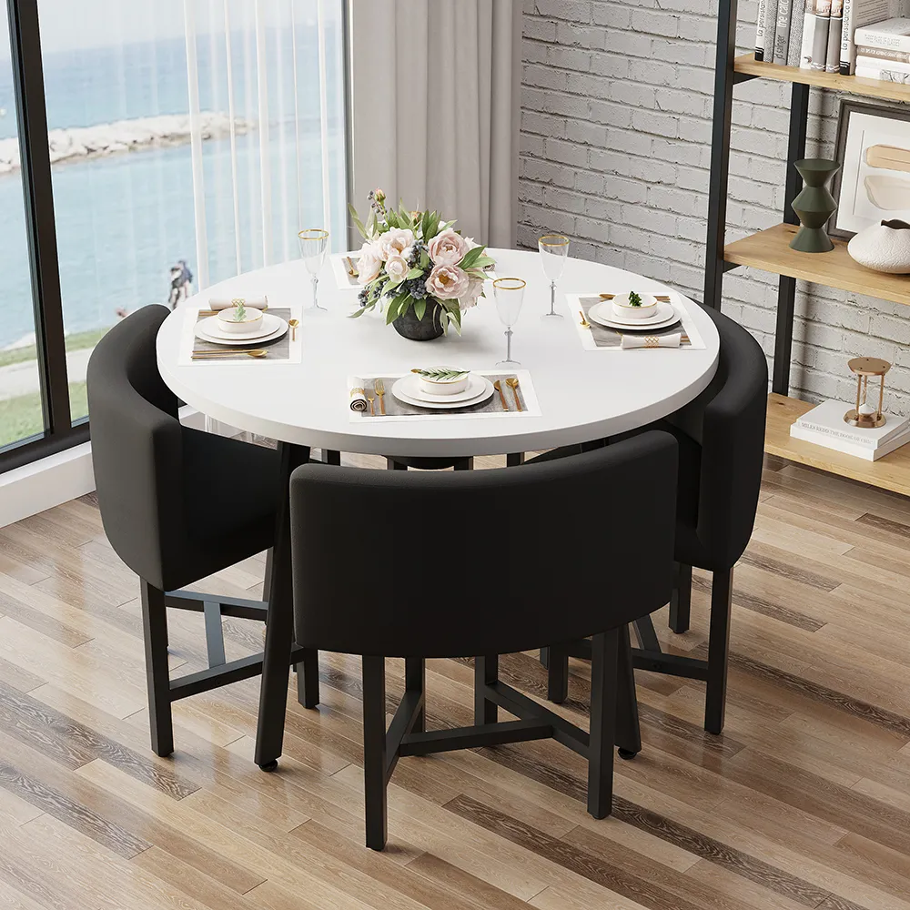 Round Small Dining Table Set Nesting with Black Upholstered Chairs for 4 Modern 100 cm