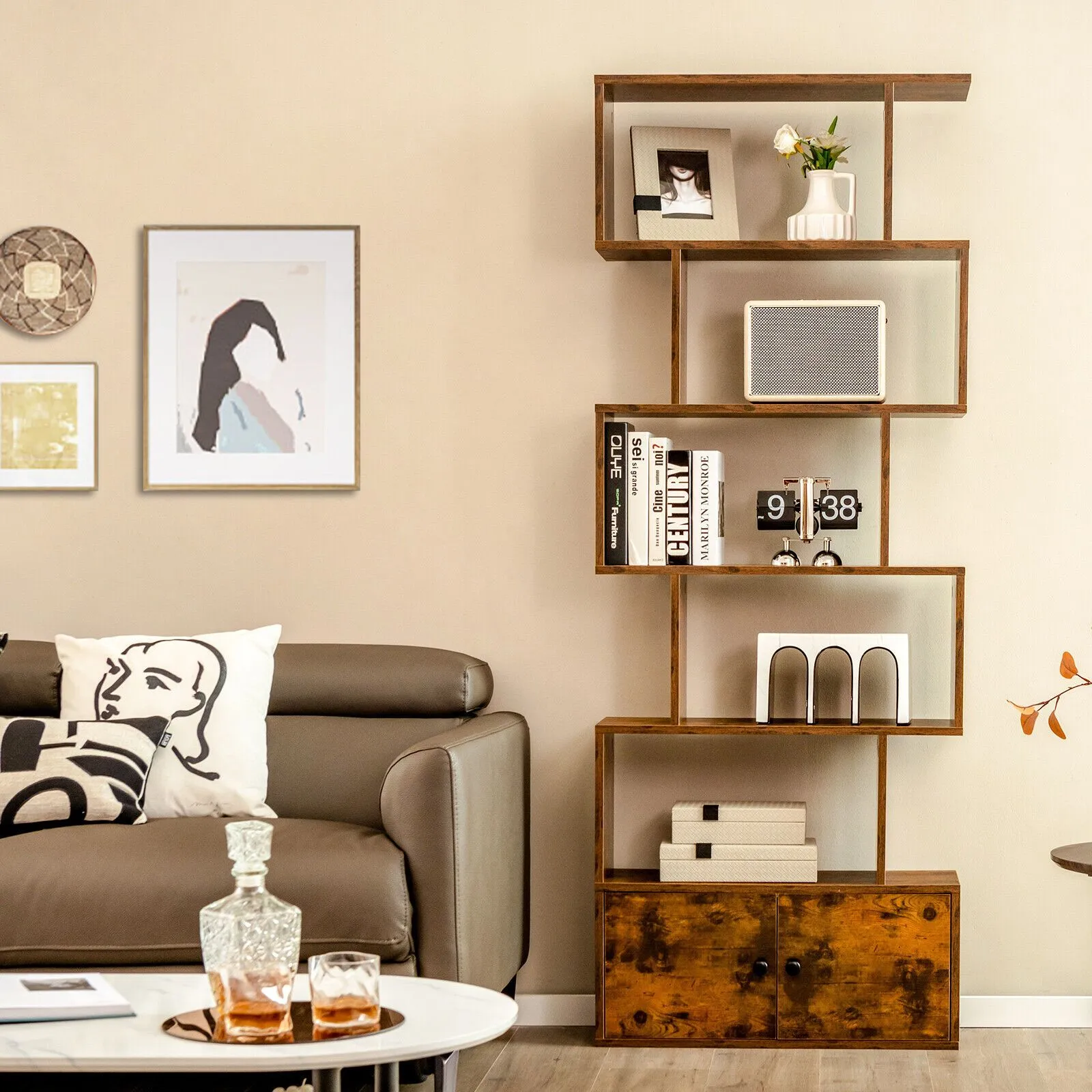 Costway 6-Tier Bookcase Free Standing S-Shaped Style Bookshelf Wooden Display Shelf in Brown 3
