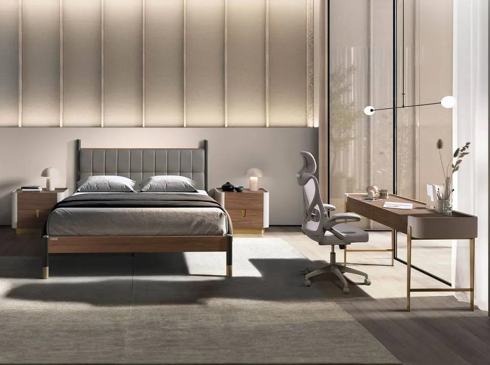 Angel Cerda Dark Grey Leatherette Double Bed, Walnut Veneer 6