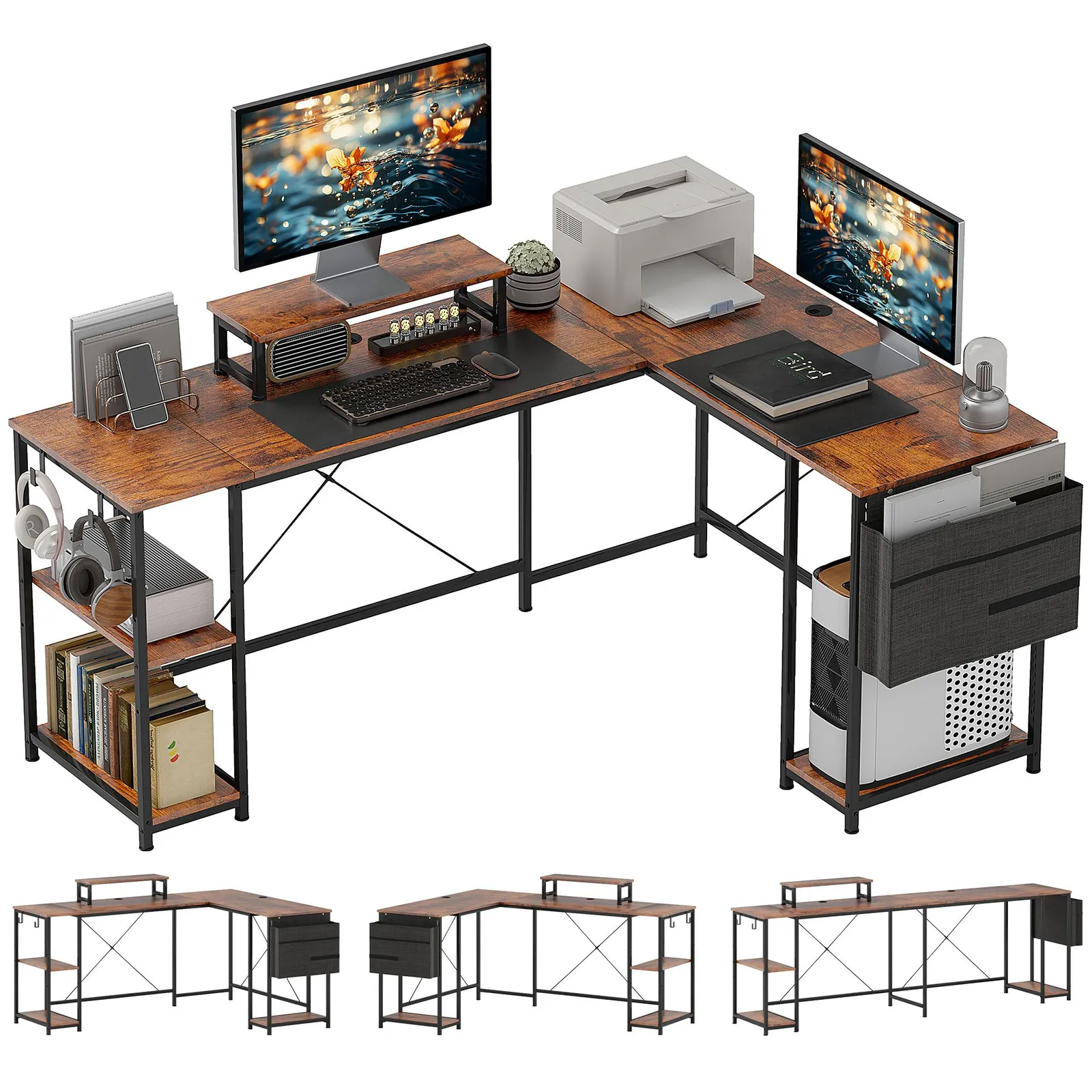 HOMCOM 168cm Reversible L Shaped Desk, 240cm Two Person Desk in Brown 2