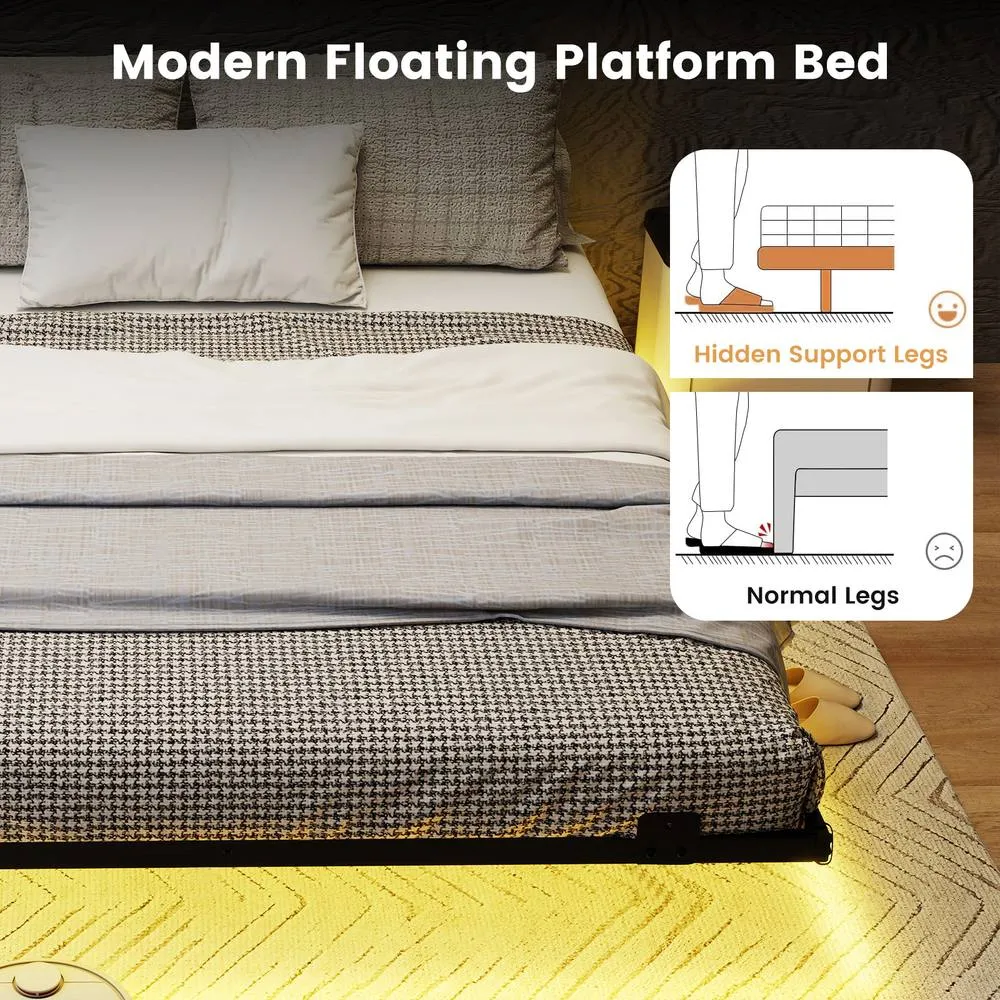 Costway King Size Floating Bed Frame w/ LED Lights Modern Metal Platform Bed in Black 6
