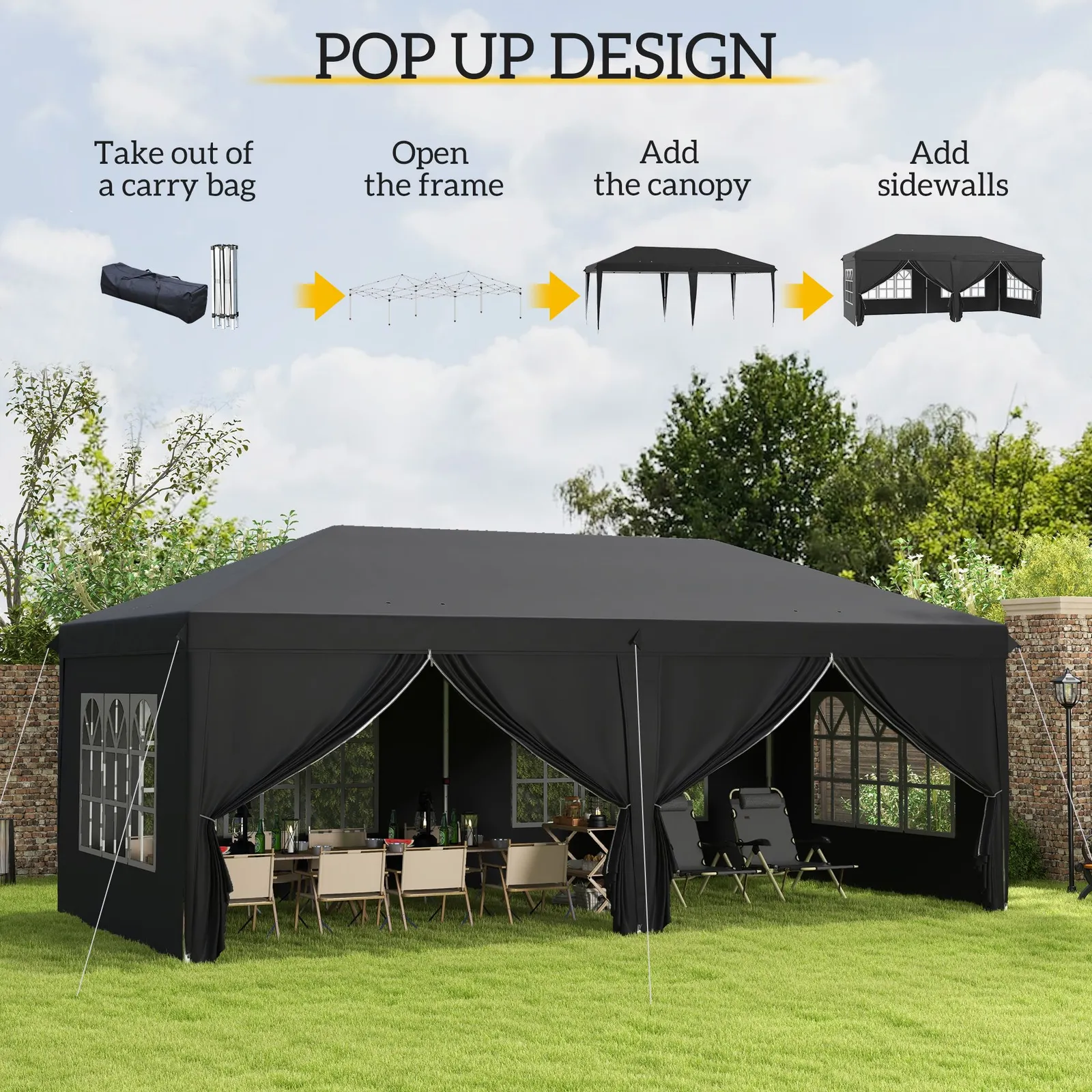 OUTSUNNY 3 x 6 m Pop Up Gazebo with Sides & Windows in Black 4