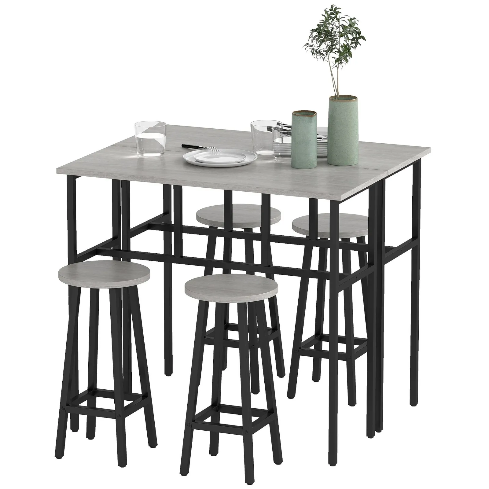 HOMCOM 6-Piece Bar Table Set, 2 Breakfast Tables with 4 Stools, Counter Height Dining Tables & Chairs for Kitchen, Living Room in Grey 2