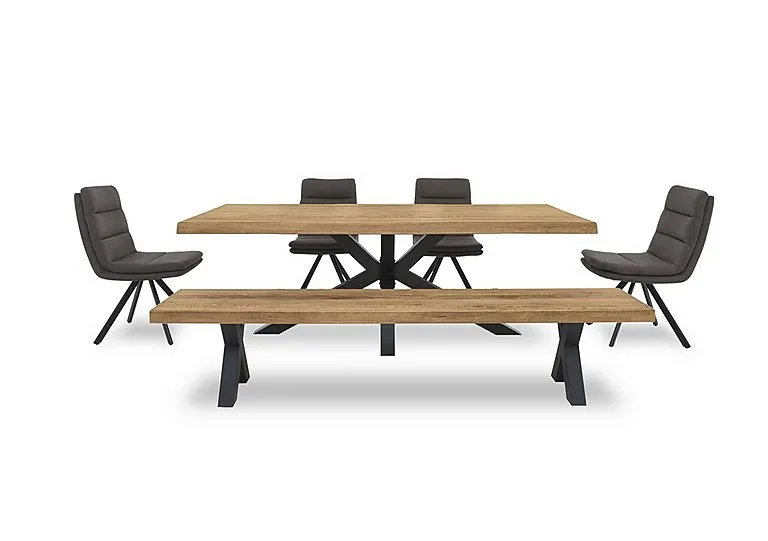 Njord Raw Edge Dining Table with Metal Star Base, Bench and 4 Anthracite Fabric Swivel Chairs - 220-cm