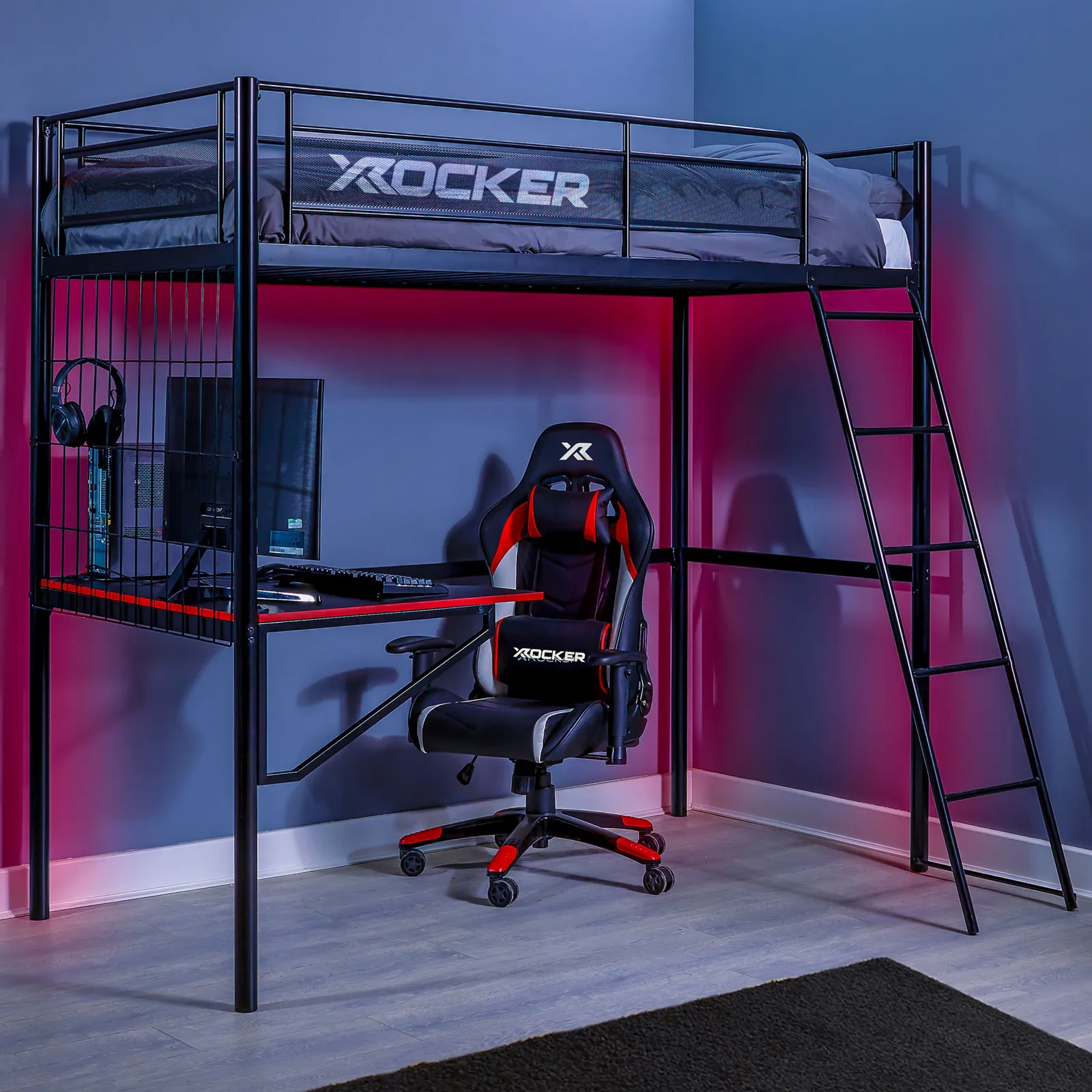 X Rocker Icarus XL High Sleeper Bunk Bed with Gaming Desk with Mattress in Black