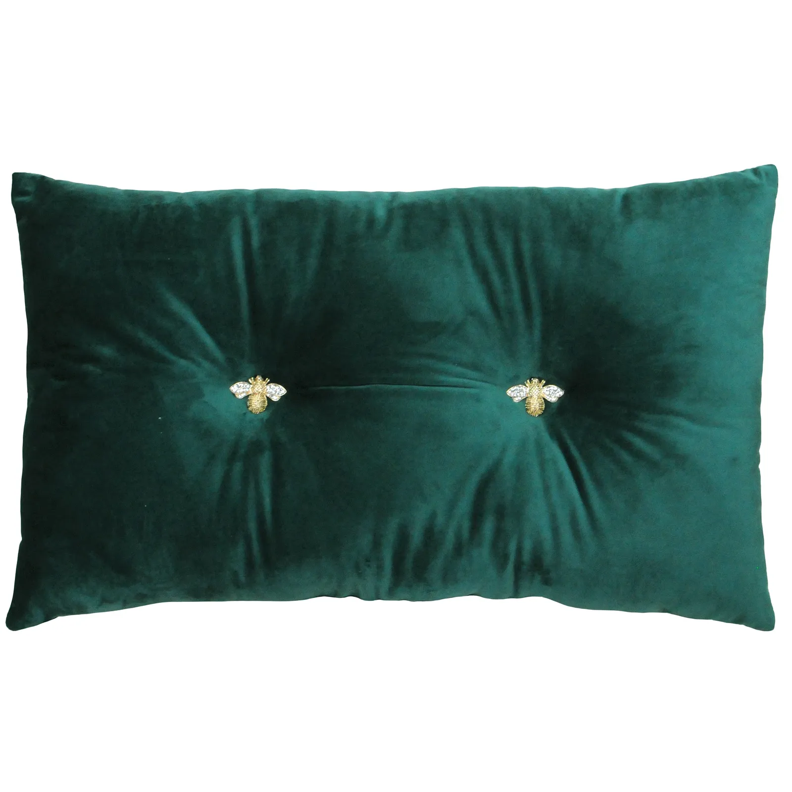 Paoletti Bumble Bee Embroidered Buttoned Velvet Ready Filled Cushion in Emerald 2