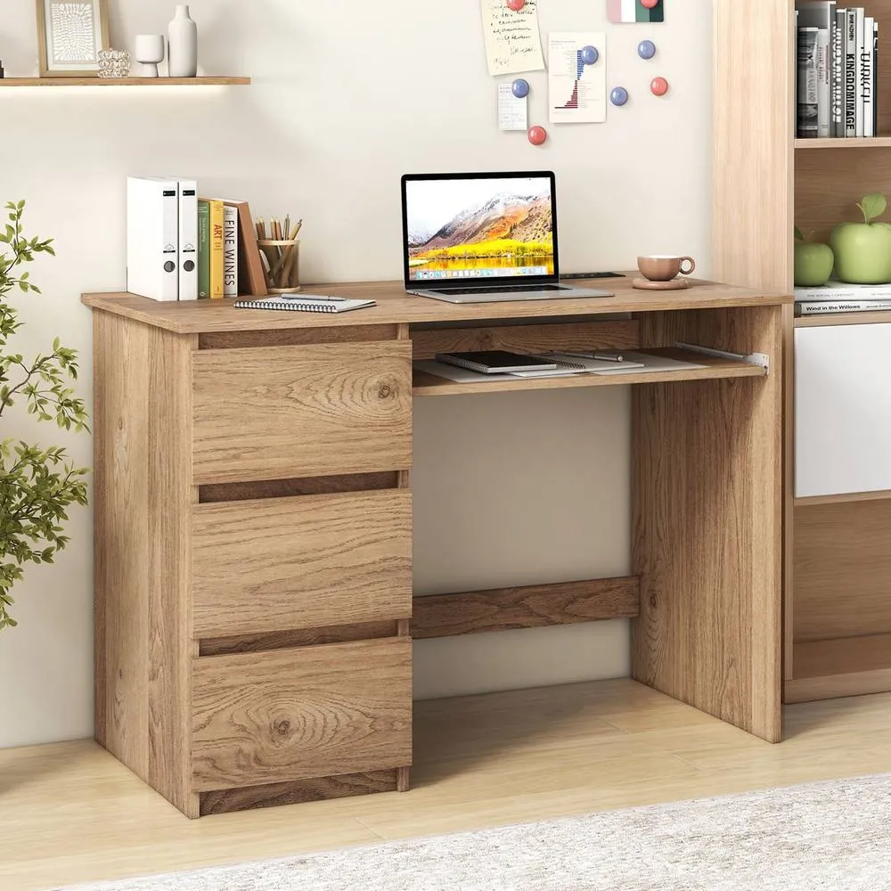 Costway Computer Desk Modern Office Desk w/Power Outlet & Keyboard Tray in Natural 4