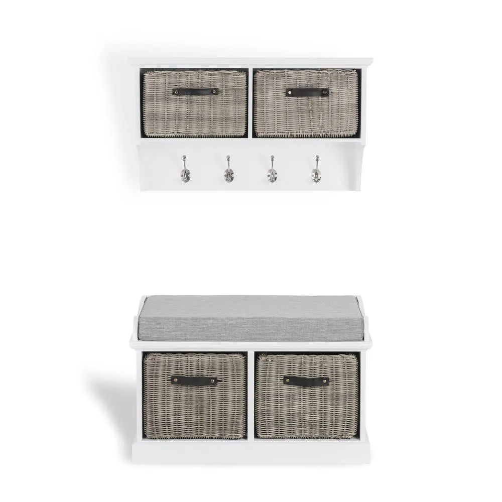 Statement Furniture Tetbury 2 Grey Faux Rattan Basket & Grey Cushion Hallway Set in White 3