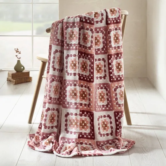 Catherine Lansfield Crochet Print Fleece Throw Blanket 130cm x 170cm