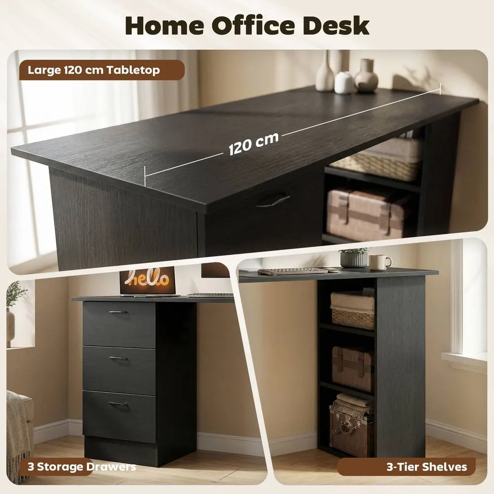 HOMCOM 120cm PC Table Workstation Computer Desk w/ Drawers, 3 Shelves Black 4