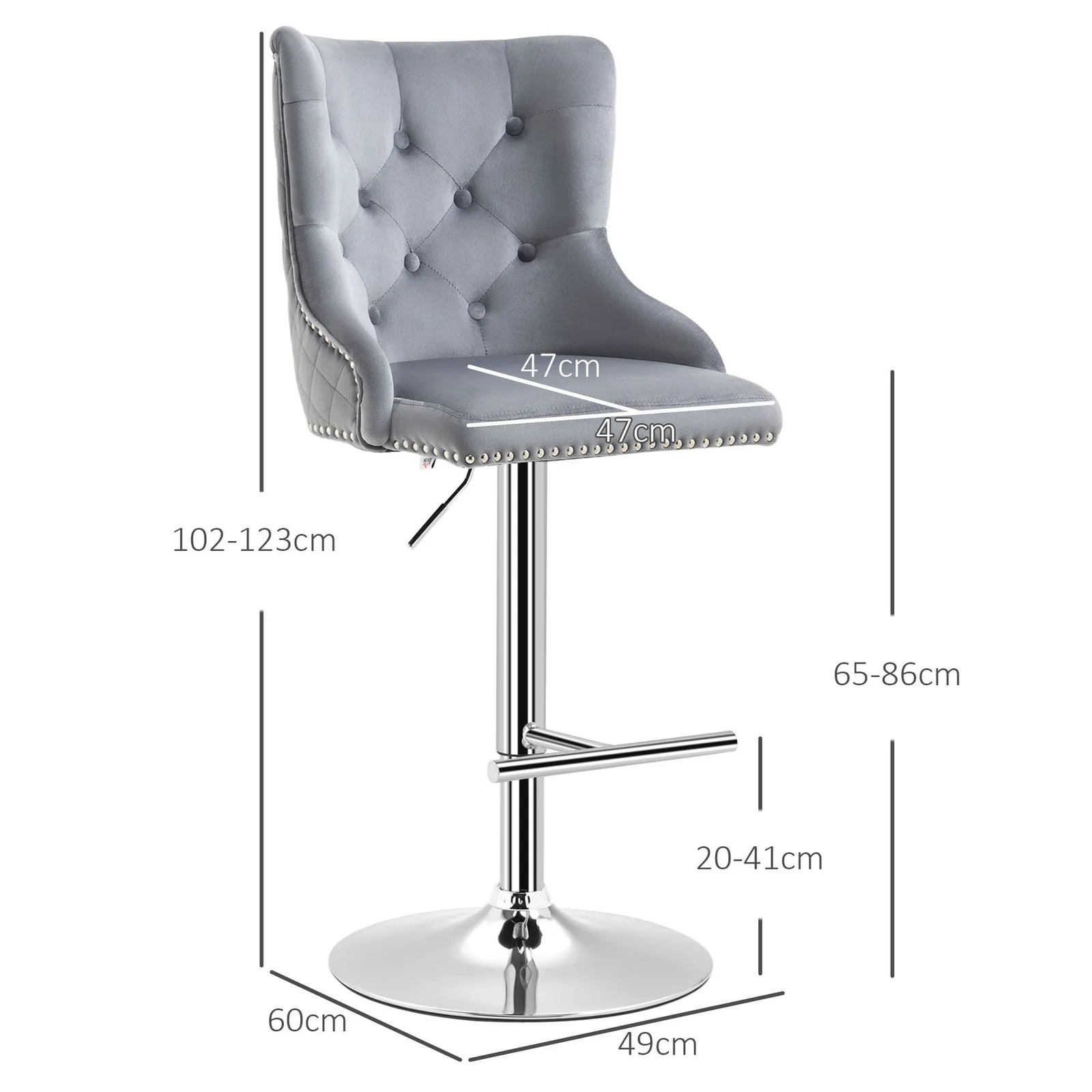 HOMCOM Bar Stools Set of 2, Swivel Velvet Barstools with Footrest, Grey 3