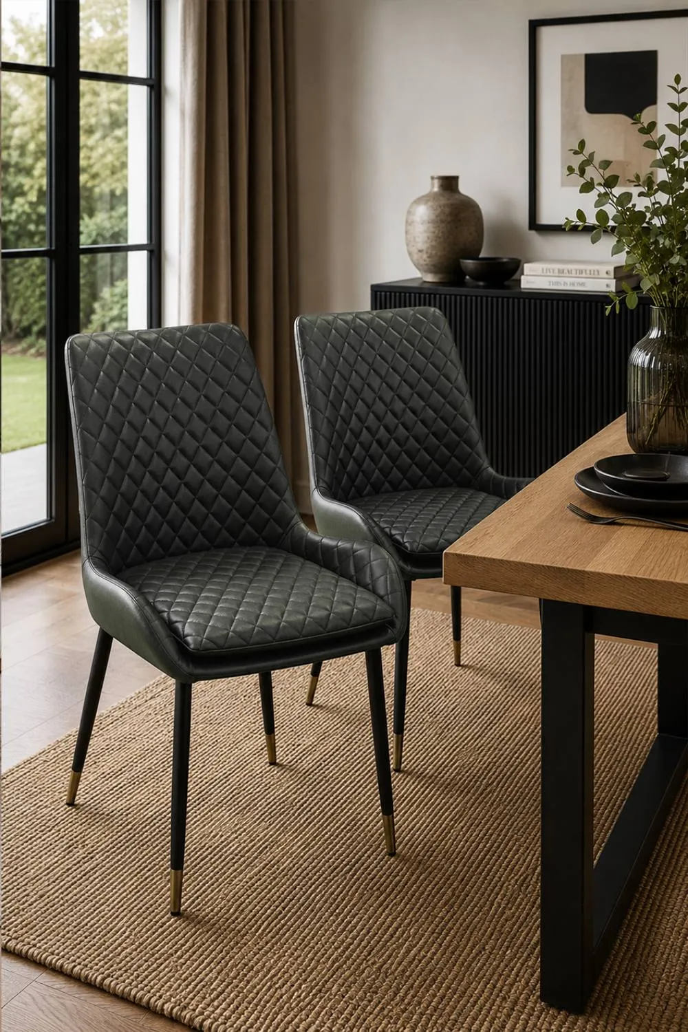 IH Design Leather Steel Legs Dining Chairs Set of 2 Grey Quilted PU in Dark Grey