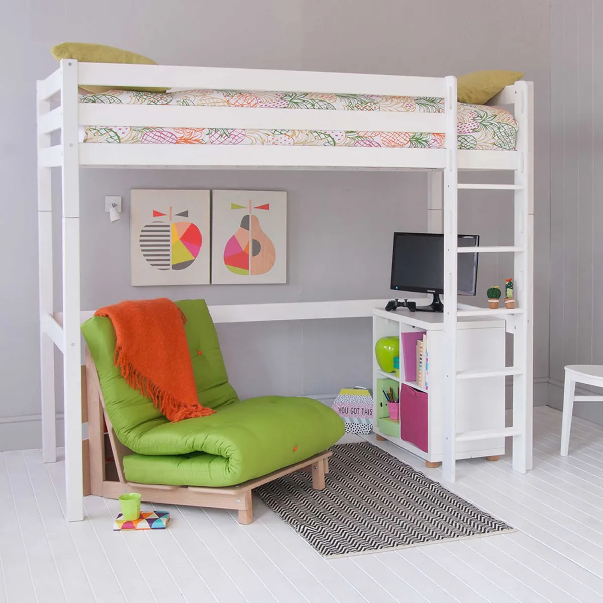Buddy Childrens Beech Highsleeper Loft Bed With Storage Bookcase and Futon Chair Bed