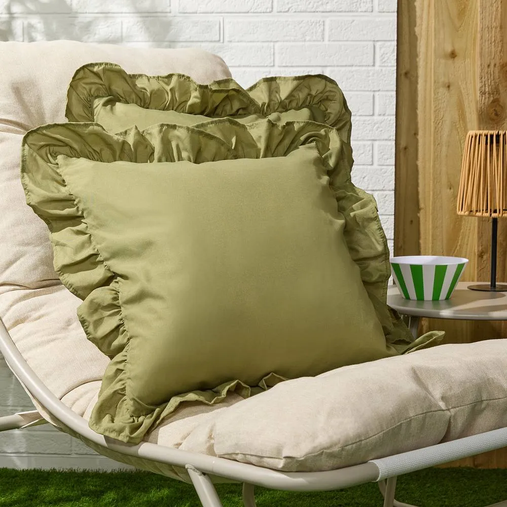 OHS 2 x Plain Faux Linen Frill Cushion Covers in Olive
