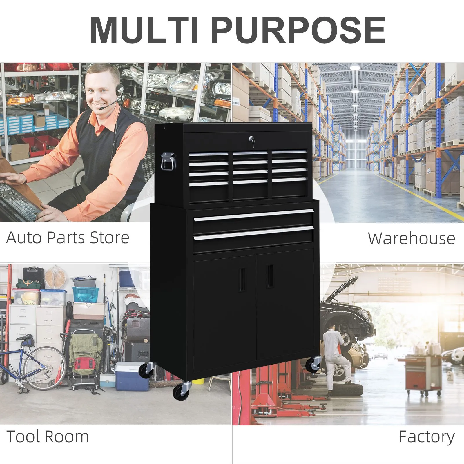 HOMCOM Top Chest & Roller Cabinet Combo Metal Tool Cabinet on Wheels Black 6