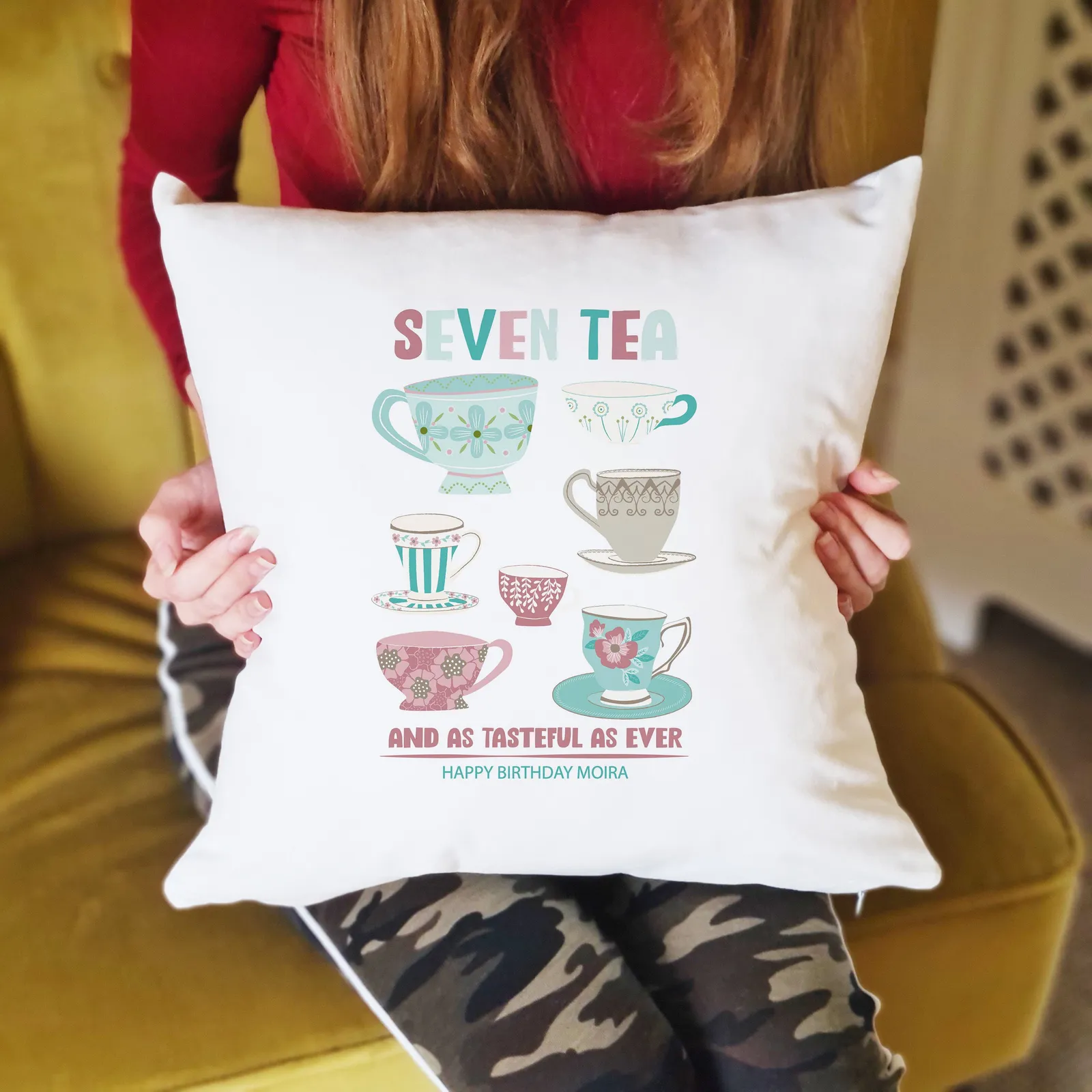 Afewhometruths Personalised 70th Birthday Gift Cushion for Tea Lover in White
