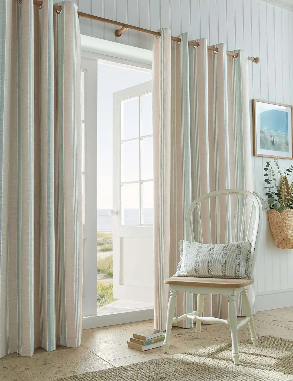 Laura Ashley Wickham Cotton Rich Striped Eyelet Curtains Natural Mix
