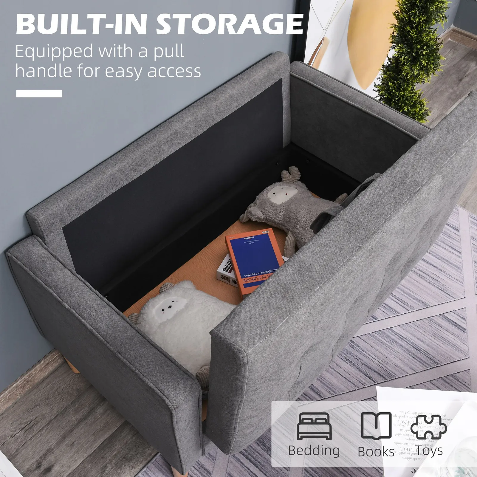 HOMCOM Compact Loveseat Sofa 2 Seater Sofa with Storage & Wood Legs in Grey 4