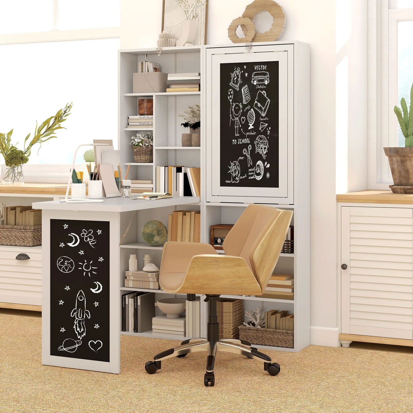HOMCOM Convertible Desk with Blackboard Multi-function Computer Office in White