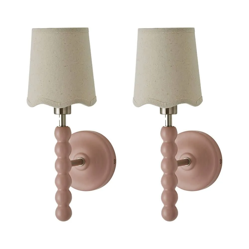 ValueLights Bobbins Pair Pastel Wall Lights & Natural Lamp Shades & Bulbs in Pale Pink