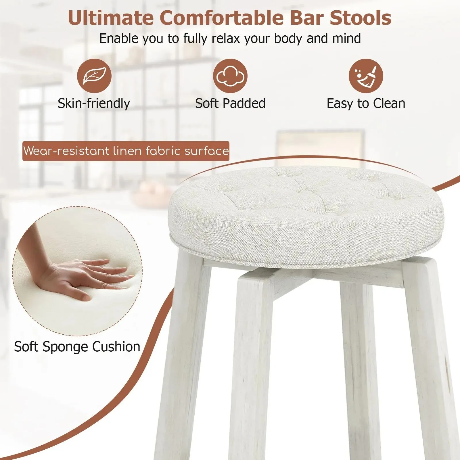 Costway Set of 2 Bar Stools Kitchen Upholstered Chair 360 Swivel Pub Stool 76cm in Beige 5