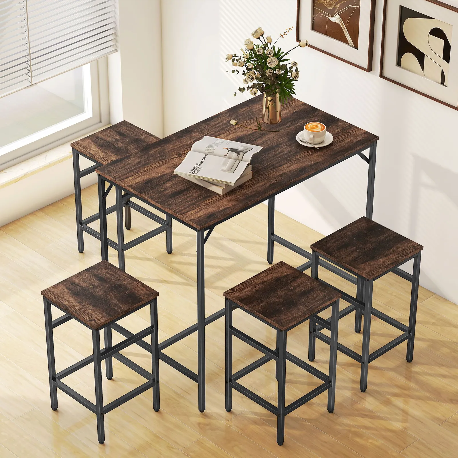 HOMCOM Industrial Rectangular Dining Table Set with 4 Stools for Dining Room in Brown
