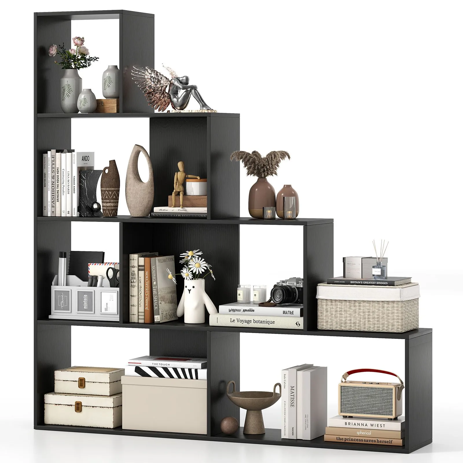 Costway 4-Tier Stepped Bookshelf Modern Ladder Bookcase w/6 Storage Cubes in Black 2
